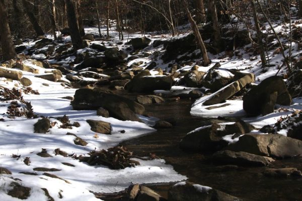 snow capped creek rocks by gate