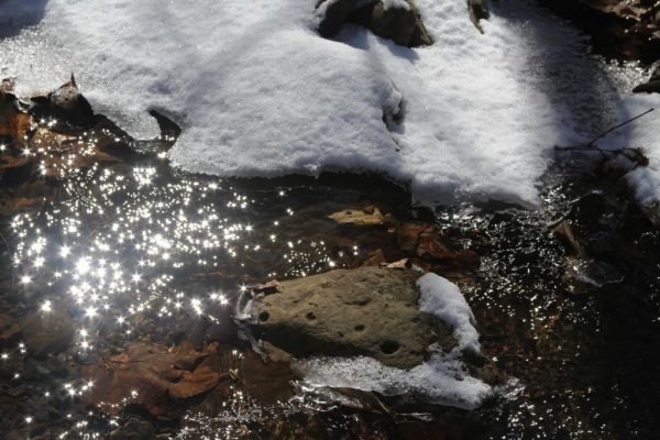 sun sparkles and snow in creek