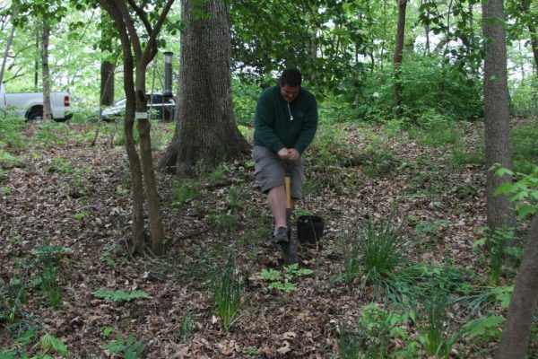 Luke Davis digging with a shovel at Compton Gardens.