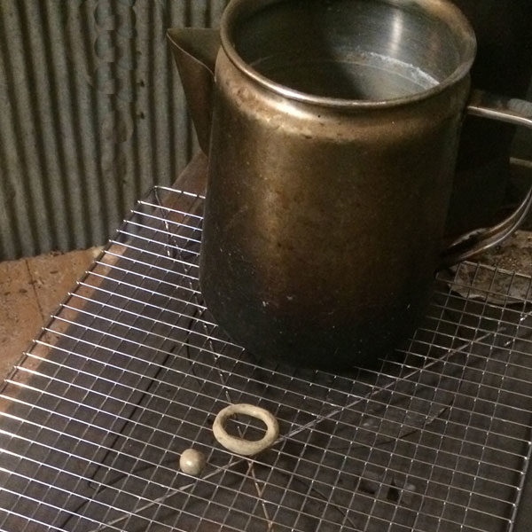 Test pieces drying on the wood stove.