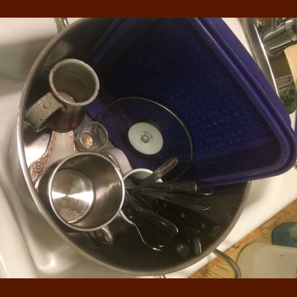 Pre-rinsed dishes arranged in the pot for limited water washing.