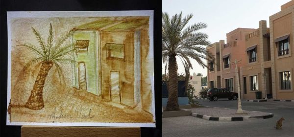 You can do nature art anywhere, but there's no guarantee it's going to be 'good' art. This is my rendering of the way it looks outside the apartment here in Doha. I like the palm tree but the rest leaves a lot to be desired.