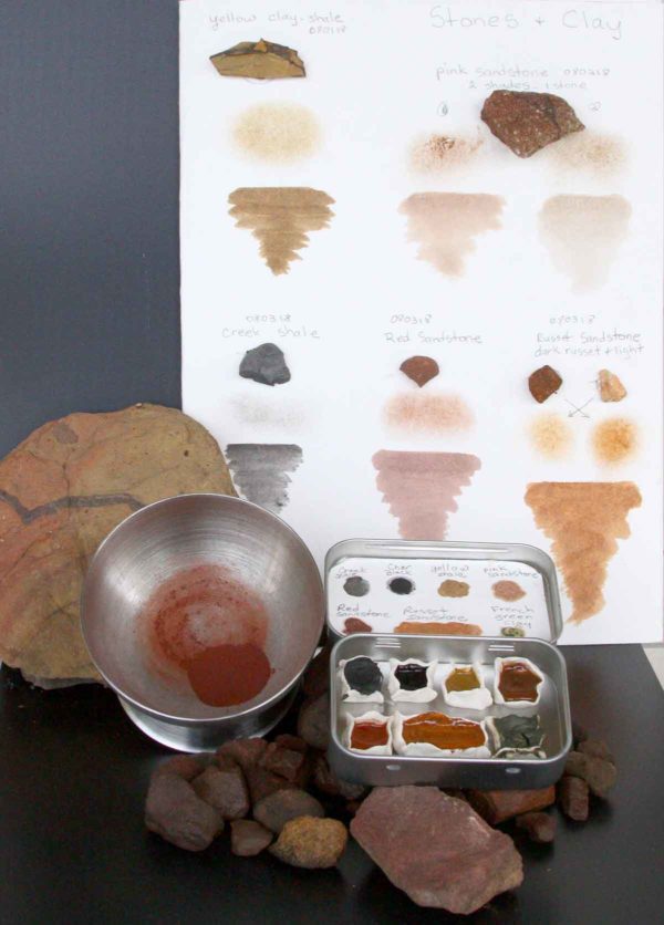 The journal of stones, some of the ground earth pigment from one of the red sandstones, and the finished palette.
