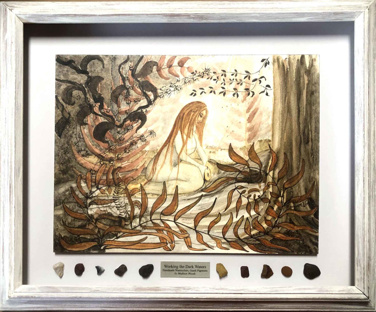 Fantasy, but definitely influenced and inspired by nature.Working the Dark Waters, a framed original by Madison Woods