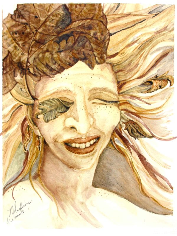 “Eye of the Storm”, Handmade Watercolor (Ozark Pigments)
She is the Wind Worker – driven by passion, enamored with chaos, oblivious to danger and energized by storms. The wind is swirling around her, autumn leaves riding on the waves in her hair. This is the second in a Nature Fantasy series. All colors are light-fast Ozark pigments.
