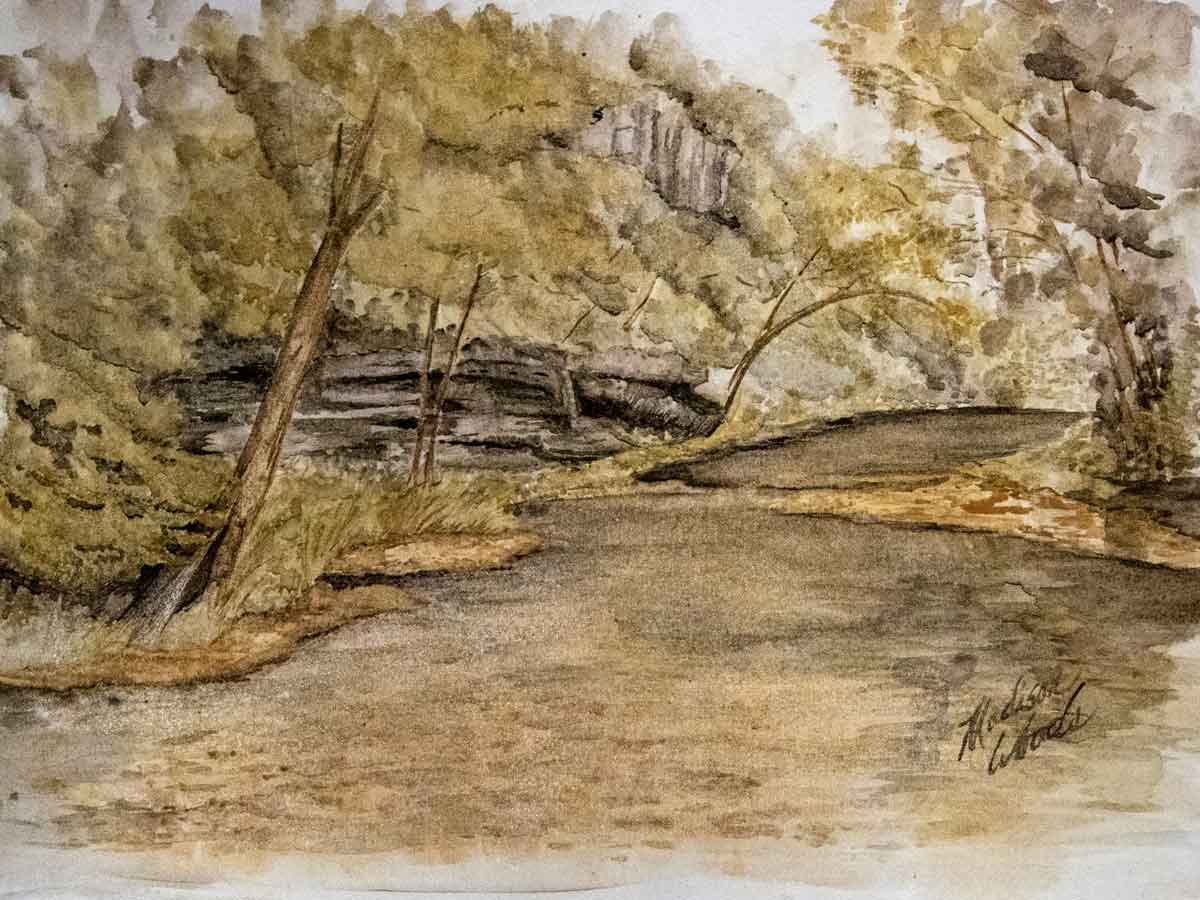 Ponca in Summertime without the frame, an original watercolor in Ozark pigments by Madison Woods.
