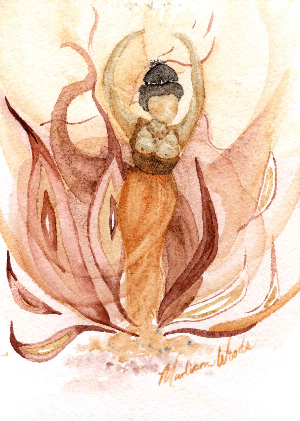 Painting of a goddess figurine dancing in the flames.