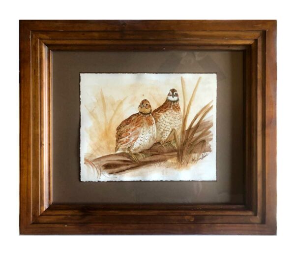 A Curious Pair, bobwhite quail painting in Ozark pigments by Madison Woods.