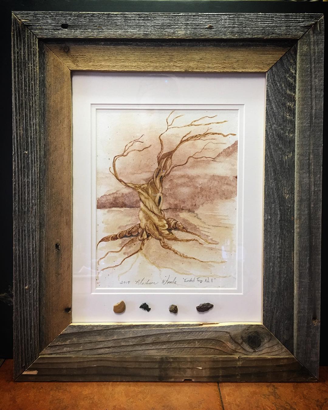 Not a monochrome, but a twisted tree framed with rock pigment samples.