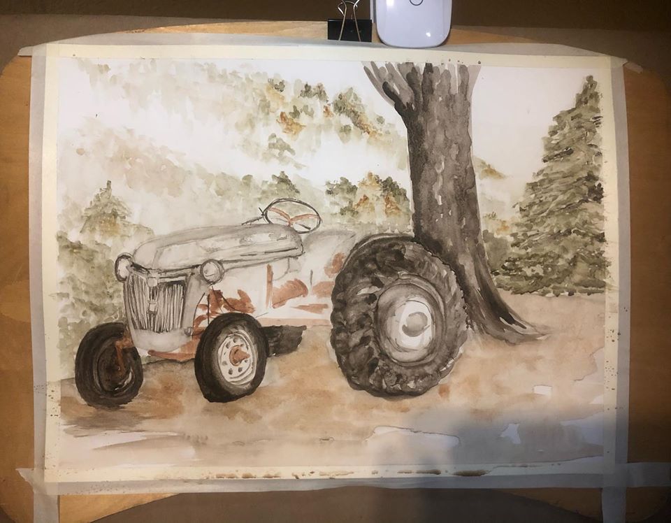 Working on a painting of the old Ford 8N, in Ozark pigments.
