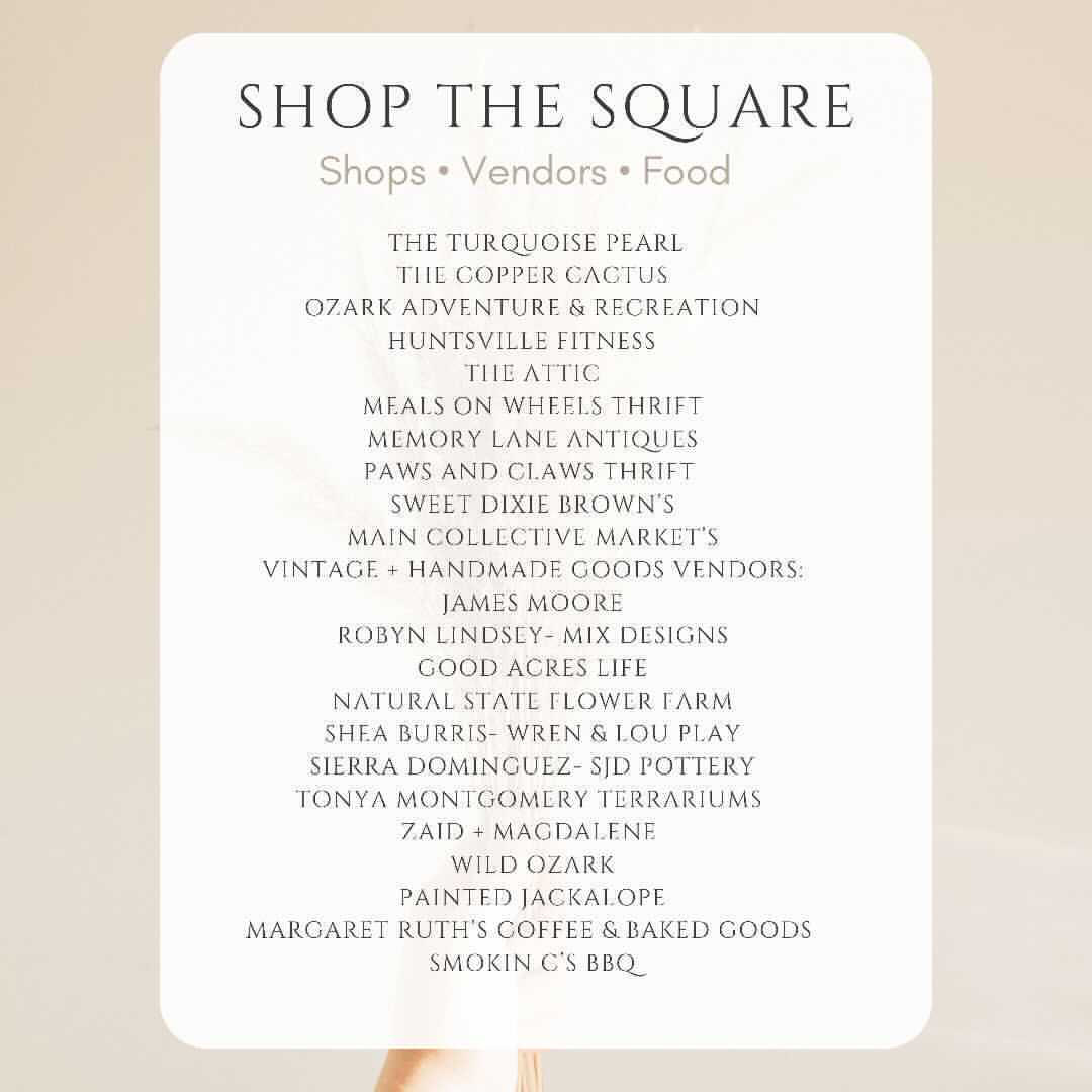 List of vendors at the Shop the Square event in Huntsville AR.