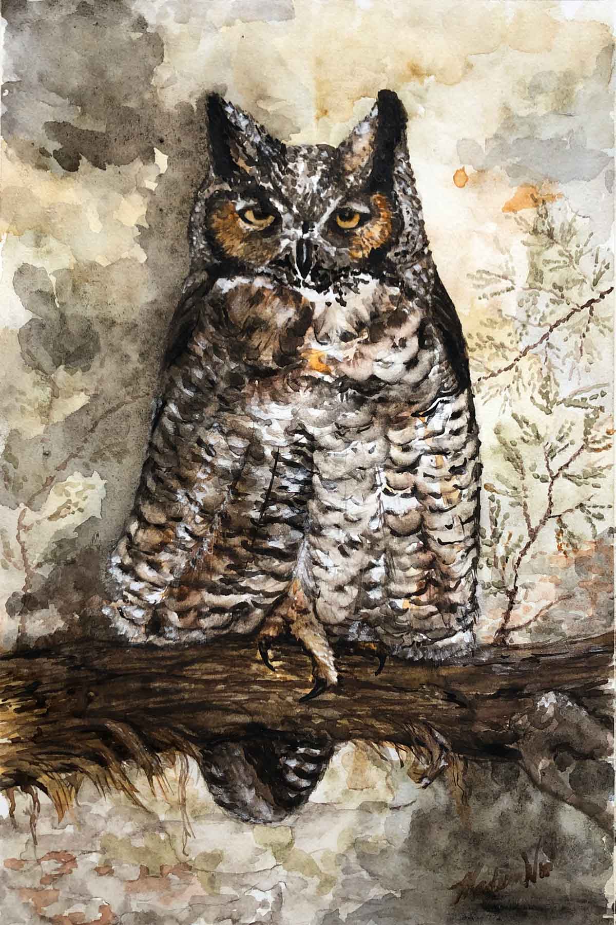 finished painting of great horned owl