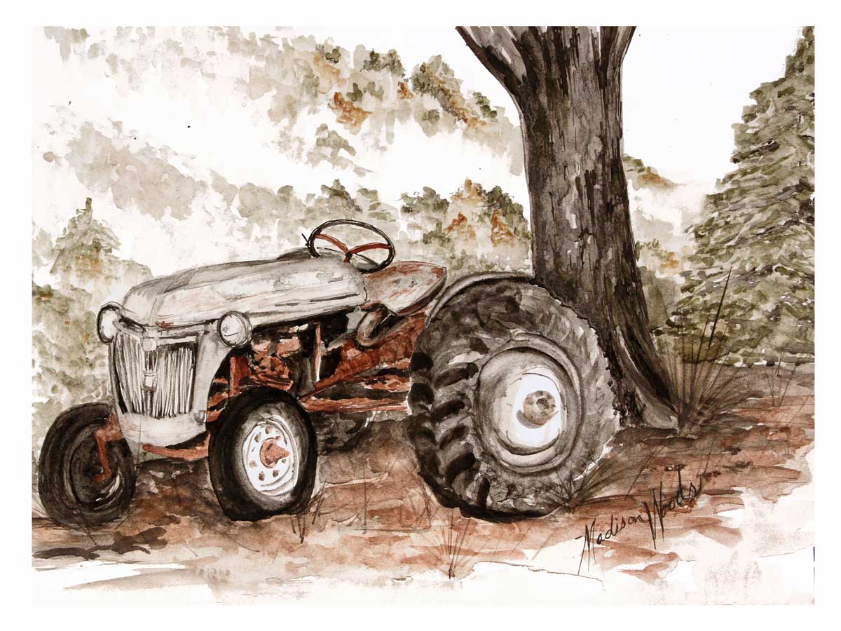 Simpler Times, a painting of an antique tractor by Madison Woods. This tractor was in use during times when nature was definitely a force to be reckoned with. 