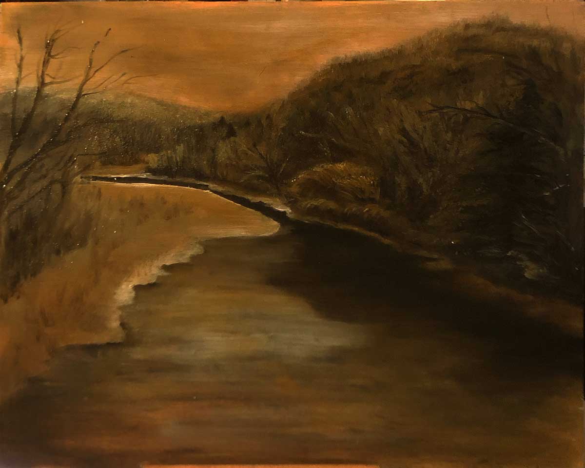 Kings river in winter, progress. A nocturn in the tonalist style using Ozark pigments in oil.