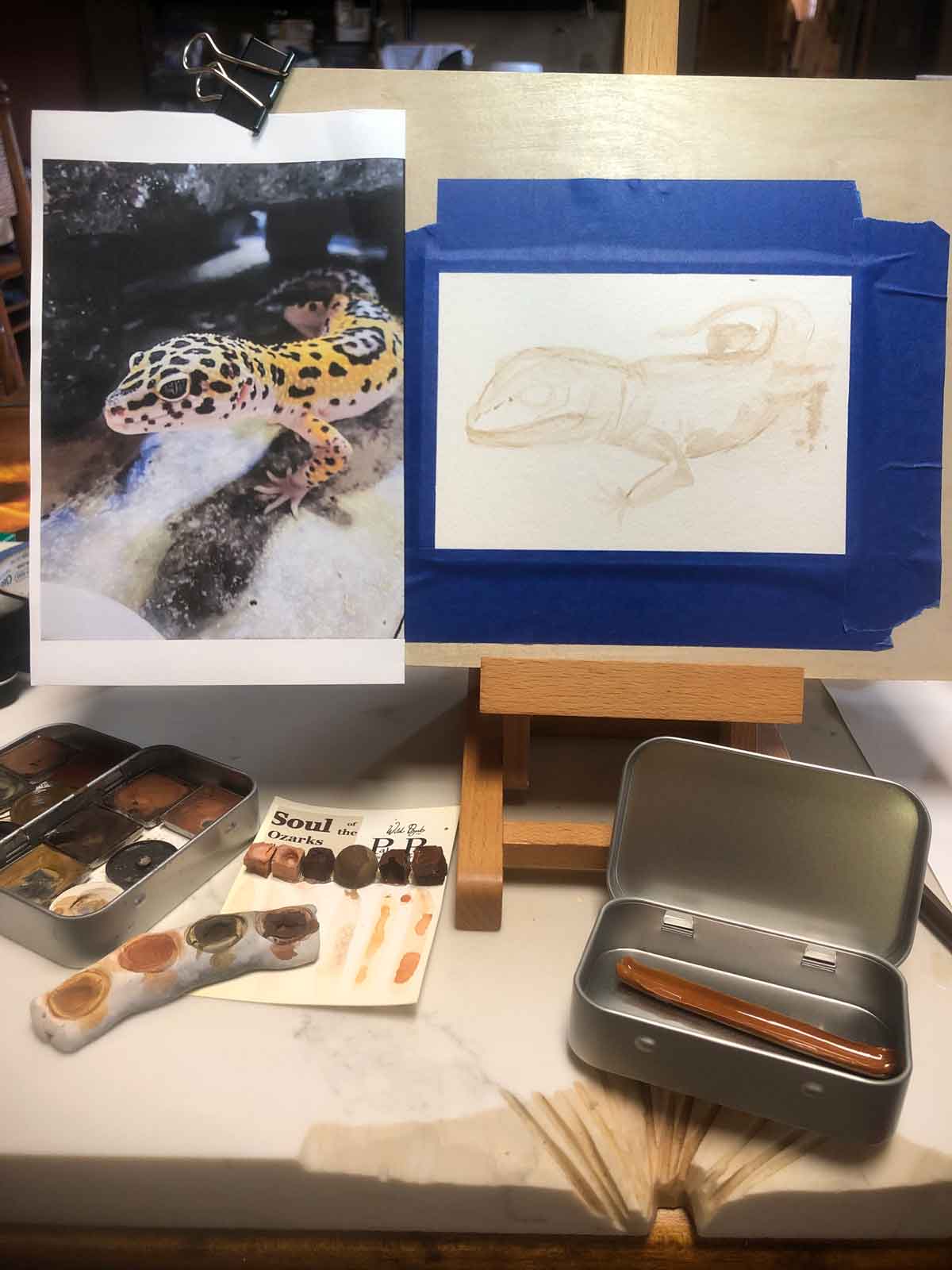 Just getting started on the second of the three gecko paintings.