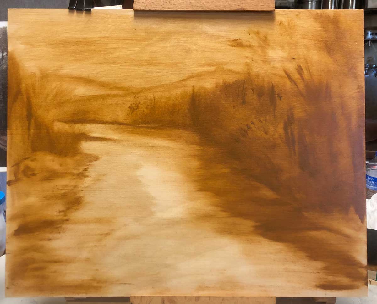 The underpainting for Kings River in Autumn, by Madison Woods using Ozark pigments in oils.