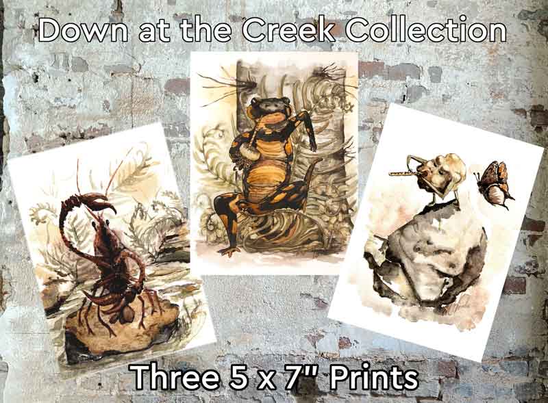 A set of 3 archival prints from the Down at the Creek series by Madison Woods.