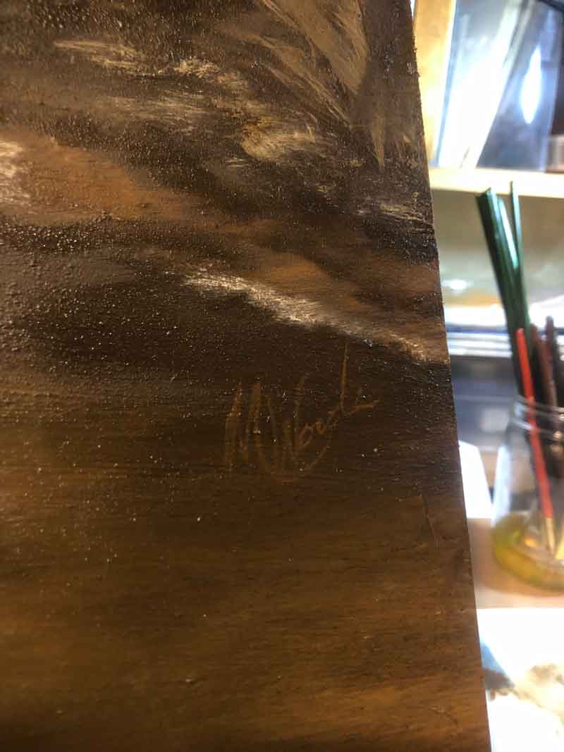 Madison Woods' signature on oil painting - Kings River in Winter.
