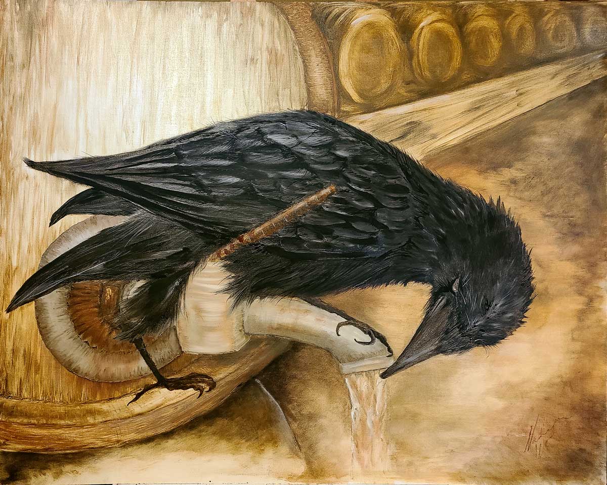 A painting titled Detour for a Thirsty Raven, Ozark pigments in oils on panel, by Madison Woods.