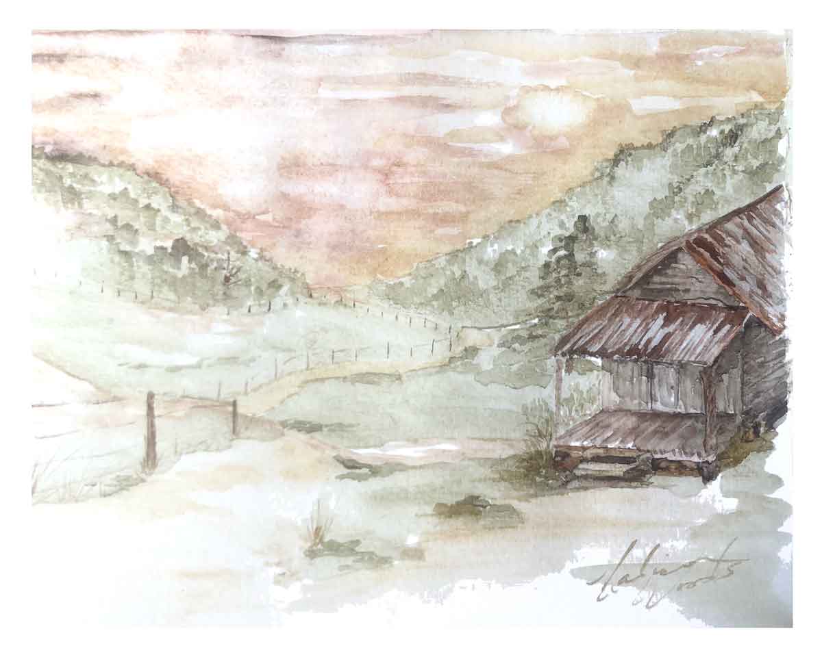 On Down the Road, a painting in Ozark pigment watercolors by Madison Woods.