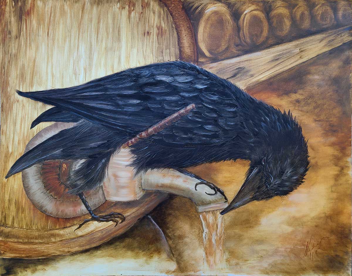 A painting of a raven in Ozark pigment oil paints by Madison Woods.