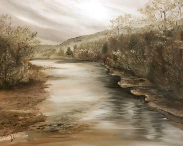 Kings River in Spring, by Madison Woods. Ozark pigments in oils gives this unique art the earthy colors.