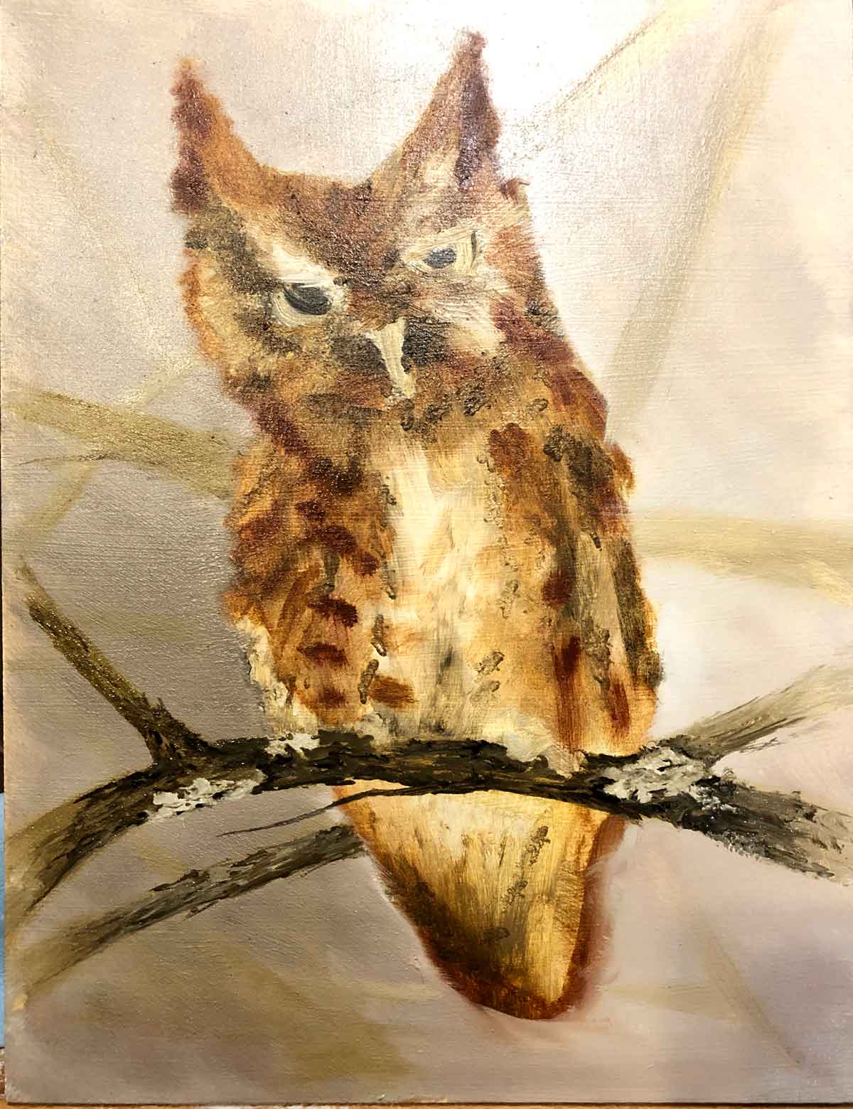 The progress pic of my painting of a screech owl.