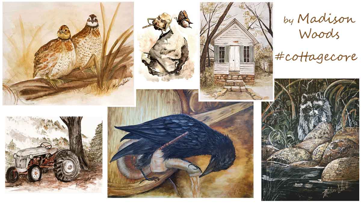 A sampling of cottagecore art by Madison Woods.