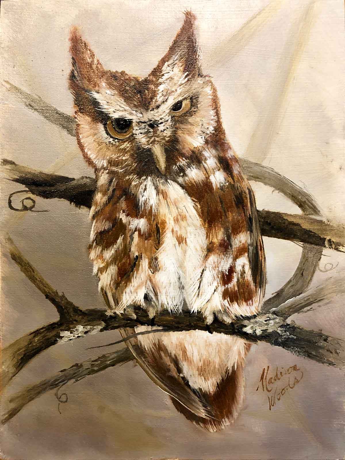 Red morph eastern screech owl, in Ozark pigments. Unique art by Madison Woods.