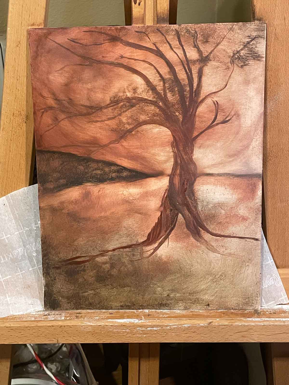 An Twisted Tree in Ozark pigment Oils, in progress.