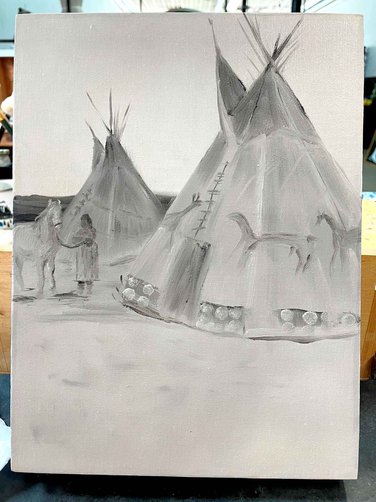 Almost there in this painting of Blackfoot tipis based on a photograph by Edward Curtis.