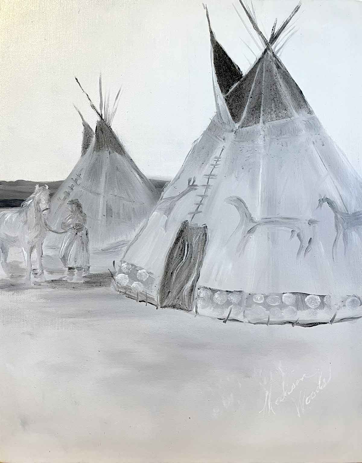 The finished tipi painting for Karter's birthday. Based on an Edward Curtis photo titled 'Blackfoot Tipis'.